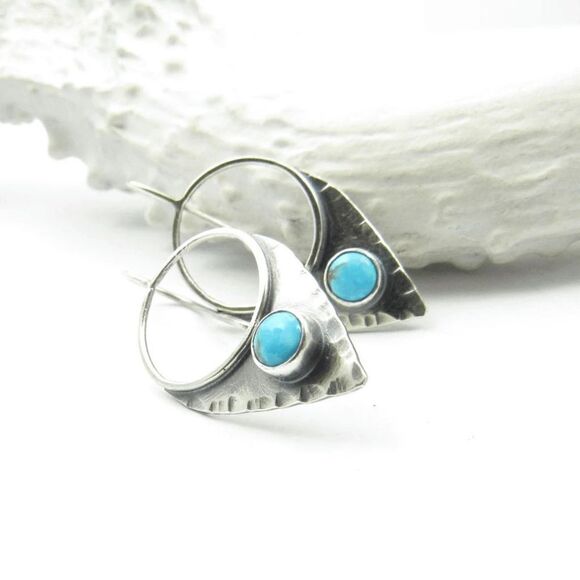 SILVER TURQUOISE GEOMETRIC BOHO WESTERN TRIBAL DANGEL EARRINGS - Picture 2 of 5